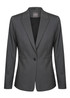 A grey blazer with a single button closure and a slim fit design. Features a logo on the inside label.