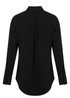 A black long-sleeved shirt with a half placket and a back pleat, featuring buttoned cuffs. It has branding.