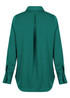 A green shirt with a half placket and long sleeves, featuring a central pleat at the back. It has a logo.