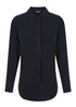 A navy shirt featuring a half placket, long sleeves, and a collar. The design includes a logo.