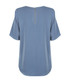 A blue short sleeve shirt with a back zipper, featuring a loose fit and rounded hem. It has a simple design with no visible branding.