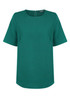 A green short sleeve shirt featuring a round neckline and a subtle back opening, with a logo visible.