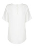A white short sleeve shirt with a zip at the back and a curved hemline. It has a logo on the label.