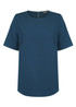 A teal short sleeve shirt featuring a round neckline and a subtle branded tag on the back.