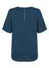 A short-sleeve shirt in a deep teal colour featuring a back zip closure and a rounded hem. It has a logo on it.