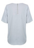 A light blue short sleeve shirt featuring a back zip closure and a simple design. It has a logo on it.