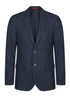 A dark blue blazer with a tailored fit, featuring two buttons and side pockets. Includes a simple logo.