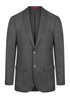 A grey blazer with a textured fabric, featuring two buttons and two front pockets. It has a simple logo on the interior.