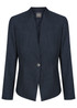 A navy jacket with a modern cut, featuring a single button closure and long sleeves, includes a brand logo.