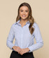 A button-up shirt in light blue with a check pattern, featuring a collar and long sleeves. It has a logo.