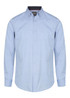 A light blue button-up shirt with a collar and long sleeves, featuring a branding logo.