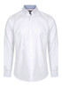A white button-up shirt featuring a collar and long sleeves. It has a subtle contrasting detail at the collar and a logo.