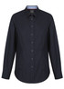 A button-up shirt in a dark navy colour with a classic collar and long sleeves, featuring a logo.