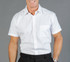 A short-sleeved white button-up shirt with a pocket, featuring a logo on the chest area.