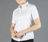 A button-up shirt in white with short sleeves, featuring a collar and a logo.