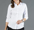 A white long-sleeve shirt with buttons and a fitted design, featuring a collar and rolled-up sleeves.