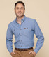 A blue work shirt with a button-up design and a pocket, featuring a branding logo on the chest.