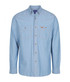 A light blue long-sleeve work shirt with two chest pockets and a logo. Features a button-up front and collar.
