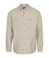 A beige work shirt featuring a button-down collar and two chest pockets. It has a logo on the chest.