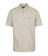 A short-sleeved work shirt in a light beige colour with two chest pockets and a logo.