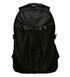 A black backpack featuring a mesh front pocket and adjustable straps, with a sleek, modern design.