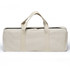 A beige carrying bag with handles and a zippered closure, featuring contrasting white stitching.