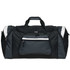 A black and grey duffle bag with multiple compartments and a prominent logo on the front.