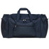 A navy blue duffle bag with a large main compartment, side pockets, and a front zippered pocket. It has a logo.