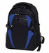 A black backpack with blue accents, featuring multiple zippered compartments and a side mesh pocket. It has a logo.