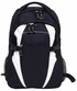 A black and white Spliced Zenith Backpack with multiple compartments and mesh side pockets. It features a branding logo.