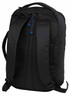 A black laptop bag with adjustable straps and a logo, featuring a sleek design for urban use.