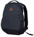 A grey backpack with a leather patch, featuring mesh side pockets and padded straps. It has a zippered main compartment.