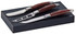 A set of three cheese knives with polished stainless steel blades and wooden handles, presented in a black box.