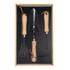 A set of three garden tools with wooden handles, housed in a wooden box with a black interior.