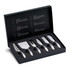 A six-piece cheese knife set in a sleek black box, featuring various stainless steel knives for cheese serving. A six-piece cheese knife set in a sleek black box, featuring various stainless steel knives for cheese serving.
