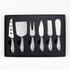 A six-piece cheese knife set with stainless steel blades and handles, presented in a black packaging. A six-piece cheese knife set with stainless steel blades and handles, presented in a black packaging.