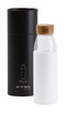 A drink bottle with a transparent body and wooden lid, displayed with a black cylindrical packaging.