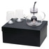 A glass teapot with infuser, accompanied by two glass cups, presented in a black gift box.