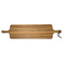 A wooden tapas serving board in a light brown finish, featuring handles and a hanging loop.