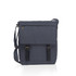 A grey messenger bag with leather straps and a shoulder strap, featuring a flap and a zippered pocket.