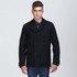 A black trench coat jacket with a double-breasted design, featuring a collar and button details.