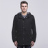 A black twill jacket featuring a hood and multiple pockets, with a grey lining. Includes branding.