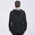 A black twill jacket featuring a hood and a stylish cut, shown from the back. It has a logo on the back. A black twill jacket featuring a hood and a stylish cut, shown from the back. It has a logo on the back.
