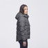 A grey puffer jacket with a hood, featuring a side view of a person wearing it. The jacket has a logo.