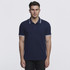 A navy polo shirt with contrasting white trim and a logo, featured in a front view on a model.