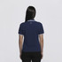A navy polo shirt with a contrasting white collar and a logo on the back.