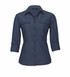 A navy blue women's button-up shirt with two front pockets and rolled sleeves. Features a logo on the collar. A navy blue women's button-up shirt with two front pockets and rolled sleeves. Features a logo on the collar.