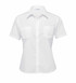 A white short-sleeved button-up shirt featuring two chest pockets and a logo on the collar.