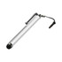 A silver stylus pen with a black tip and a clip, featuring a cord attachment at the end.