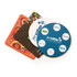 A set of four coasters in various designs and colours, featuring logos and patterns.